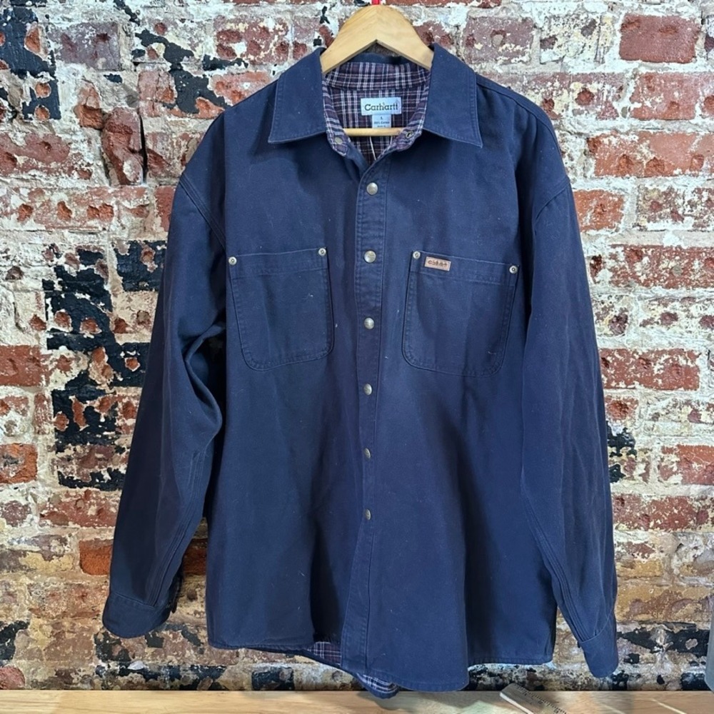 Carhartt S96 MDT Mens Midnight Blue Canvas Shirt Jacket Large Flannel Lined Snap